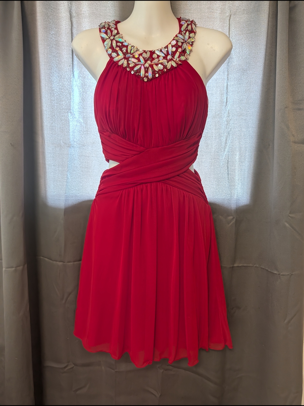 B Darlin Red Jeweled Halter Mini Dress